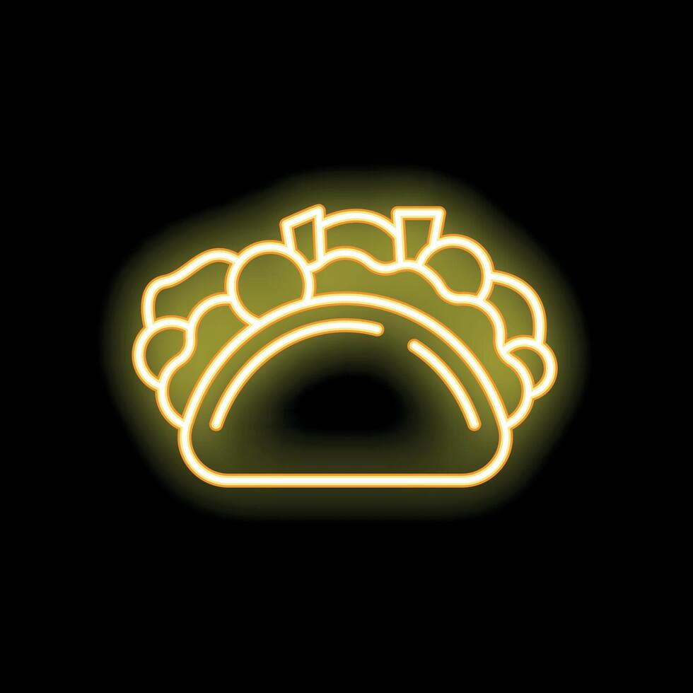 Glowing neon sign of taco with meat, vegetables, tomato, onion, and salad on black background vector