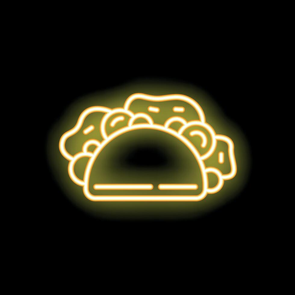 Neon sign showing a taco with lettuce, tomato, and onion filling vector