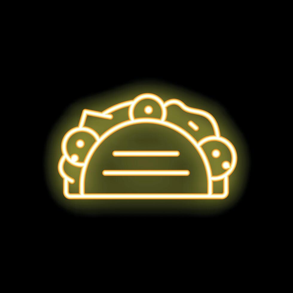 Yellow neon icon of taco with meat and vegetables glowing on black background vector
