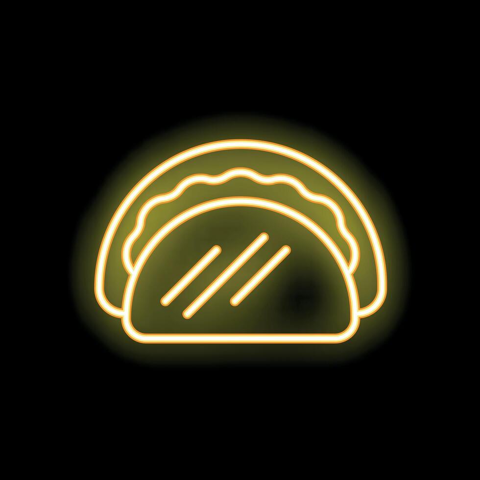 Bright yellow neon sign showing a taco on black background vector