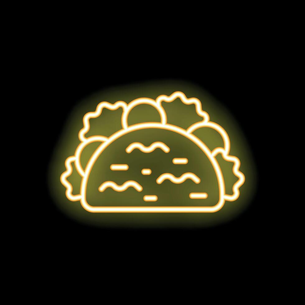 Yellow neon sign showing a taco with lettuce on black background vector
