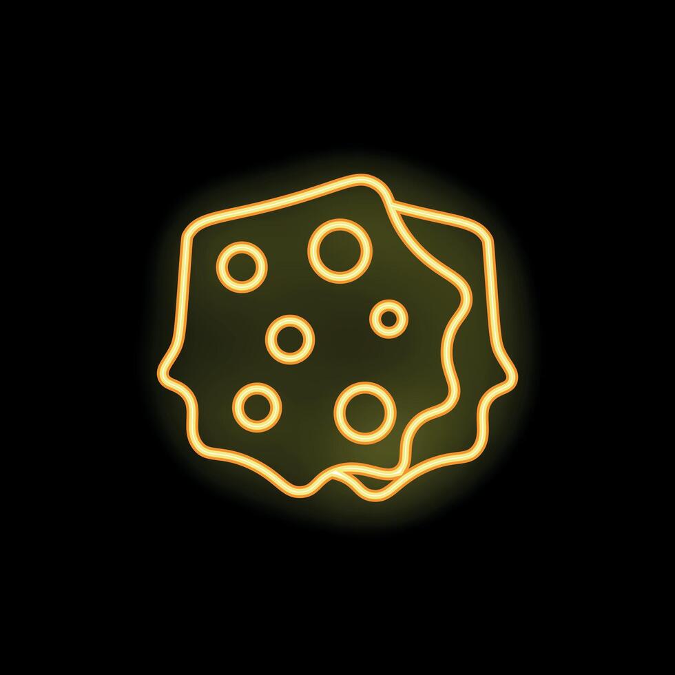Neon sign showing two chocolate chip cookies with irregular shape on black background vector