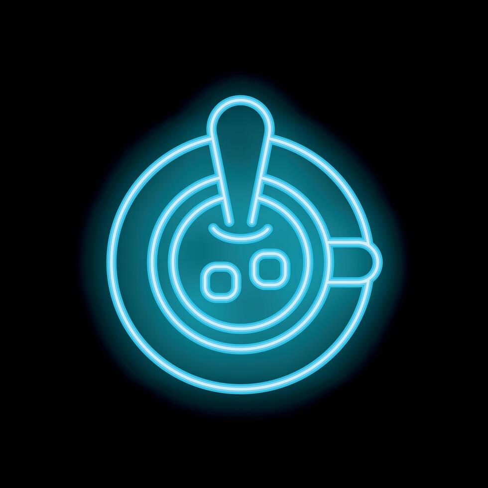 Neon sign showing a cute kawaii coffee cup with steam coming out forming an exclamation mark vector
