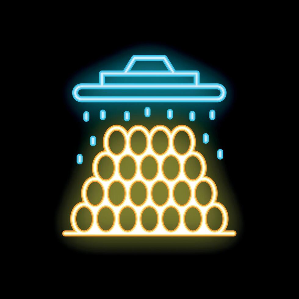 Neon sign representing a sprinkler system watering a pile of round hay bales on a farm at night vector