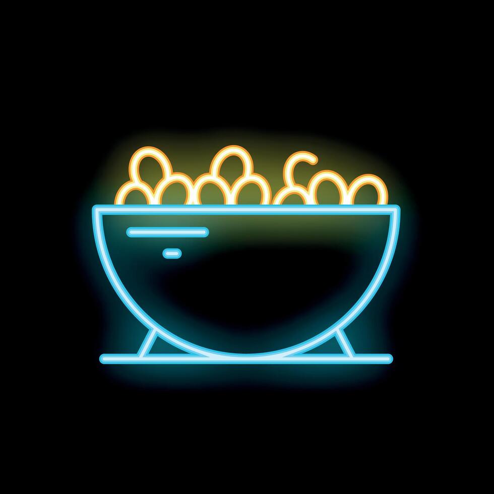Neon sign of bowl overflowing with popcorn on black background vector