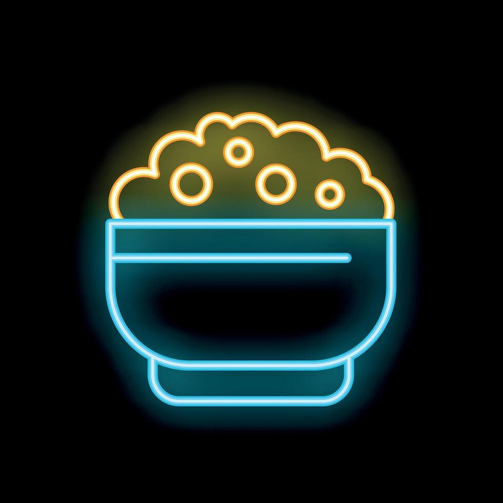 Neon icon of bowl overflowing with popcorn on black background vector