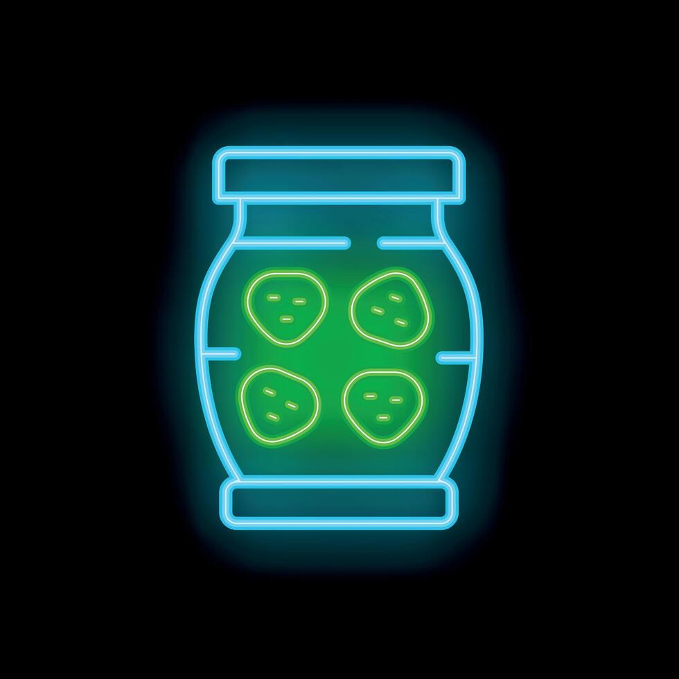Neon sign of pickles preserved in jar with glowing green light vector