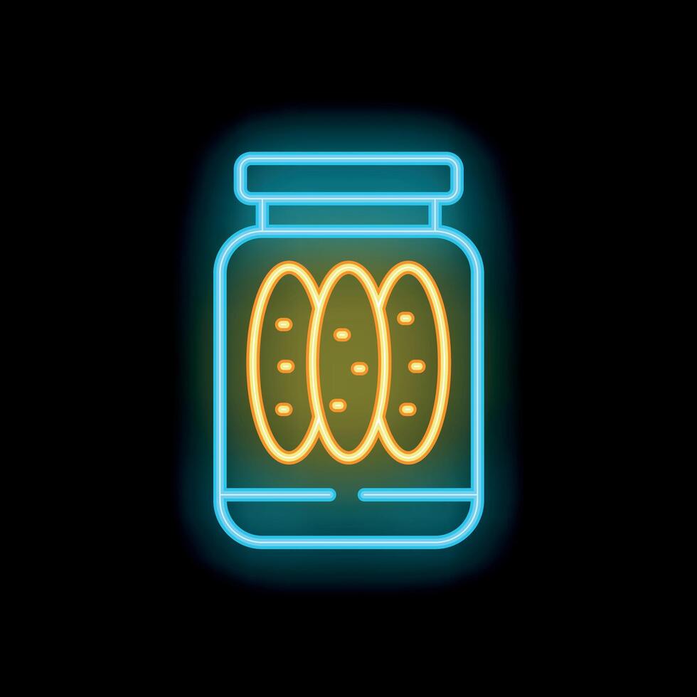 Neon icon of glass jar with pickled cucumbers glowing on dark background vector