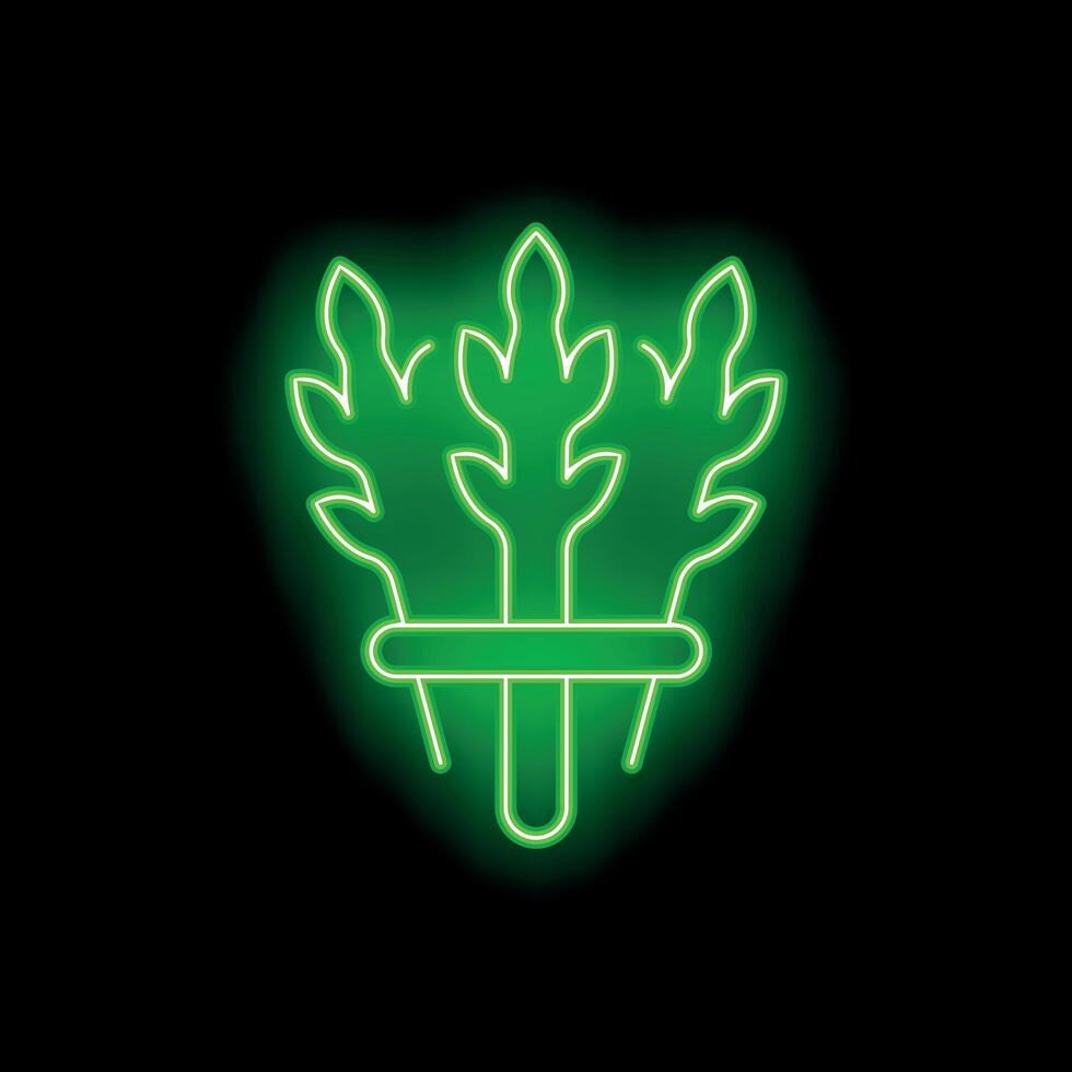 Green neon sign representing three branches growing up from a pot on a black background vector
