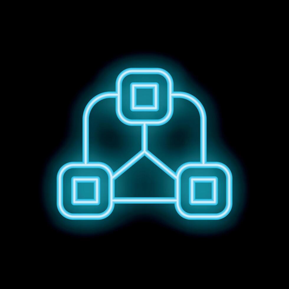 Neon blue blockchain technology icon glowing on black background vector