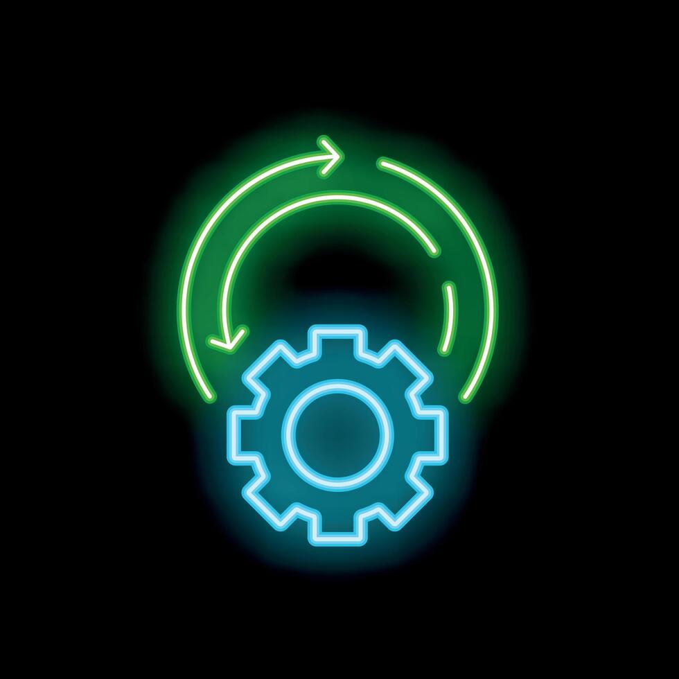 Neon green arrows rotating around blue gear on black background vector