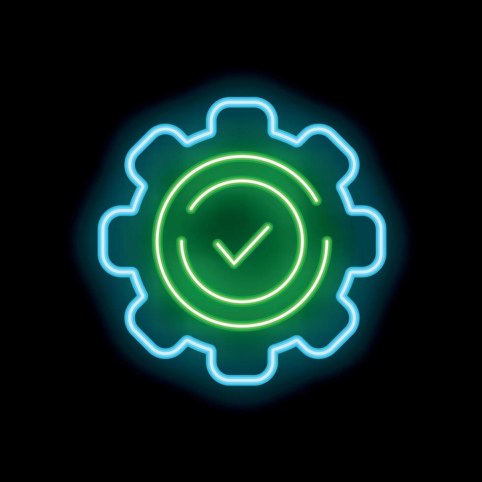 Neon green check mark inside blue gear on black background vector