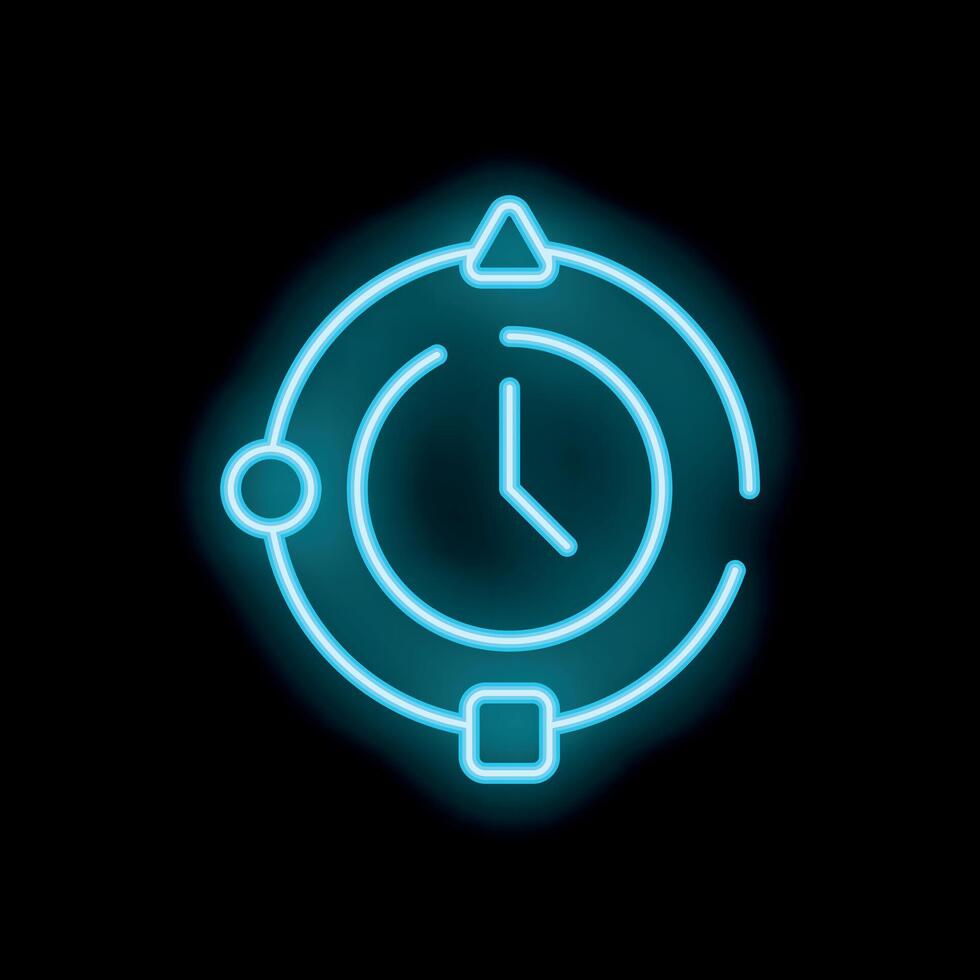 Neon blue clock icon glowing on black background vector