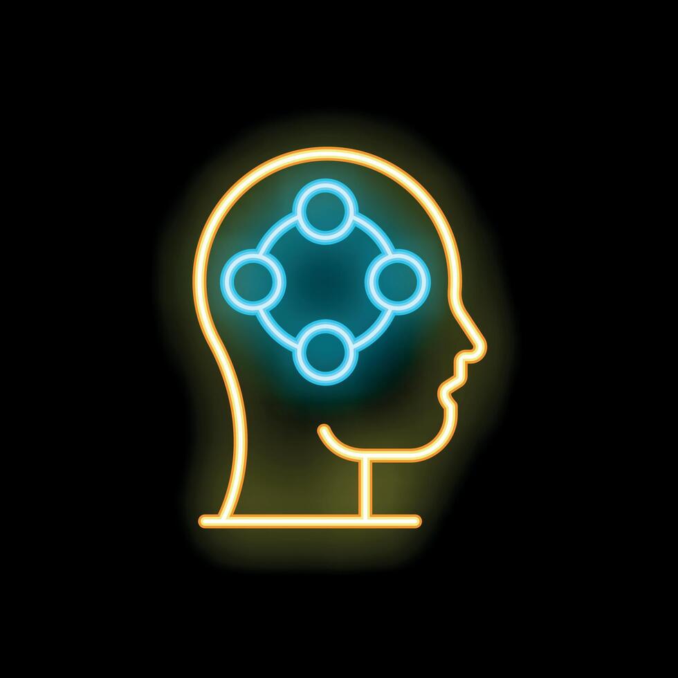 Neon sign representing human head thinking with brain activity vector