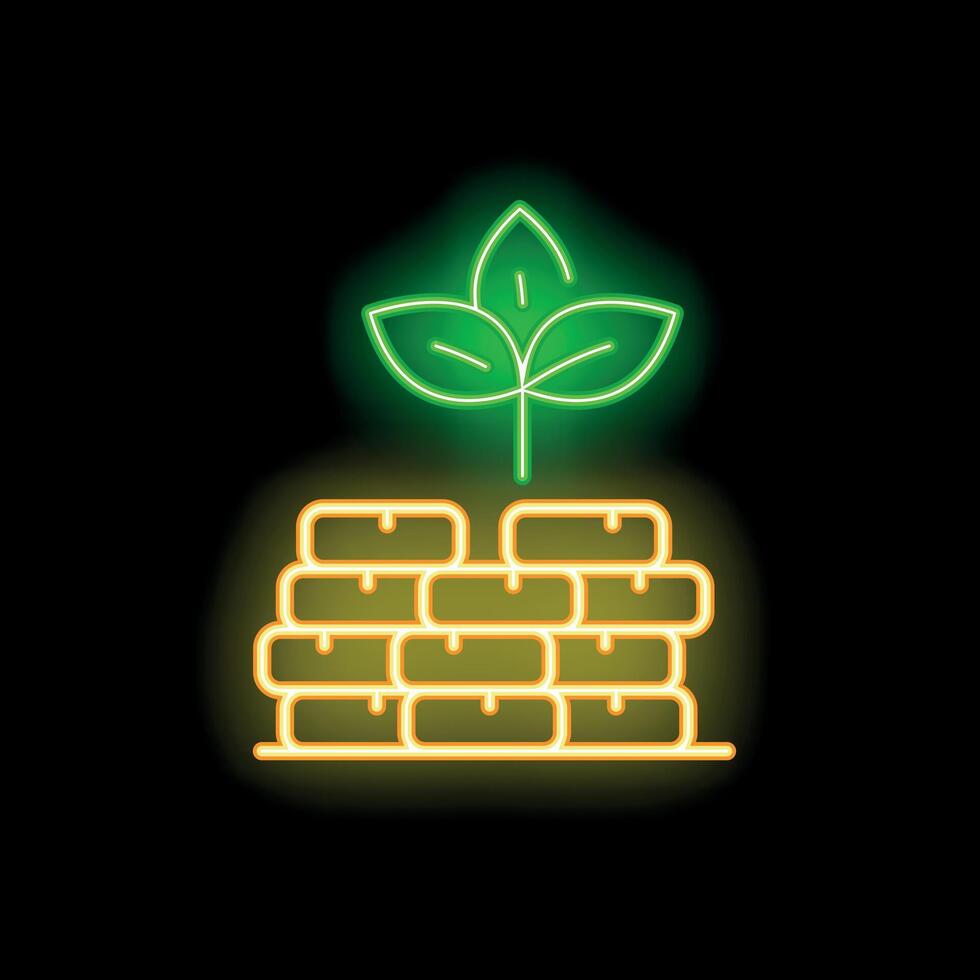 Neon green sprout growing from brick wall icon black background vector