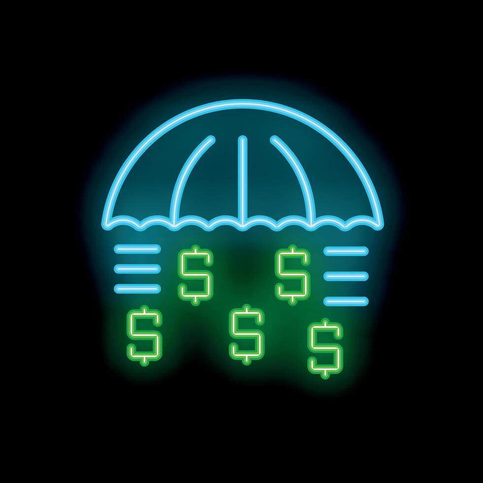 Neon sign depicting umbrella protecting money from falling down vector