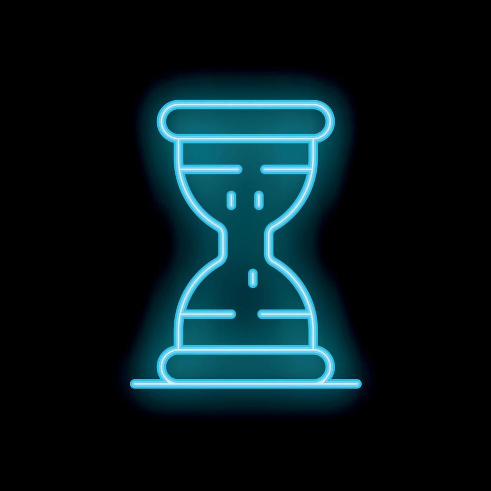 Glowing neon blue hourglass icon showing flowing time on a black background vector