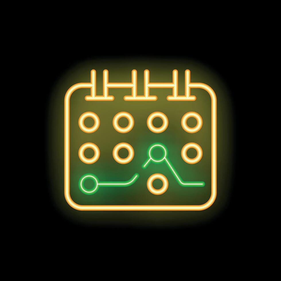 Neon calendar showing growing statistics with line chart icon on black background vector