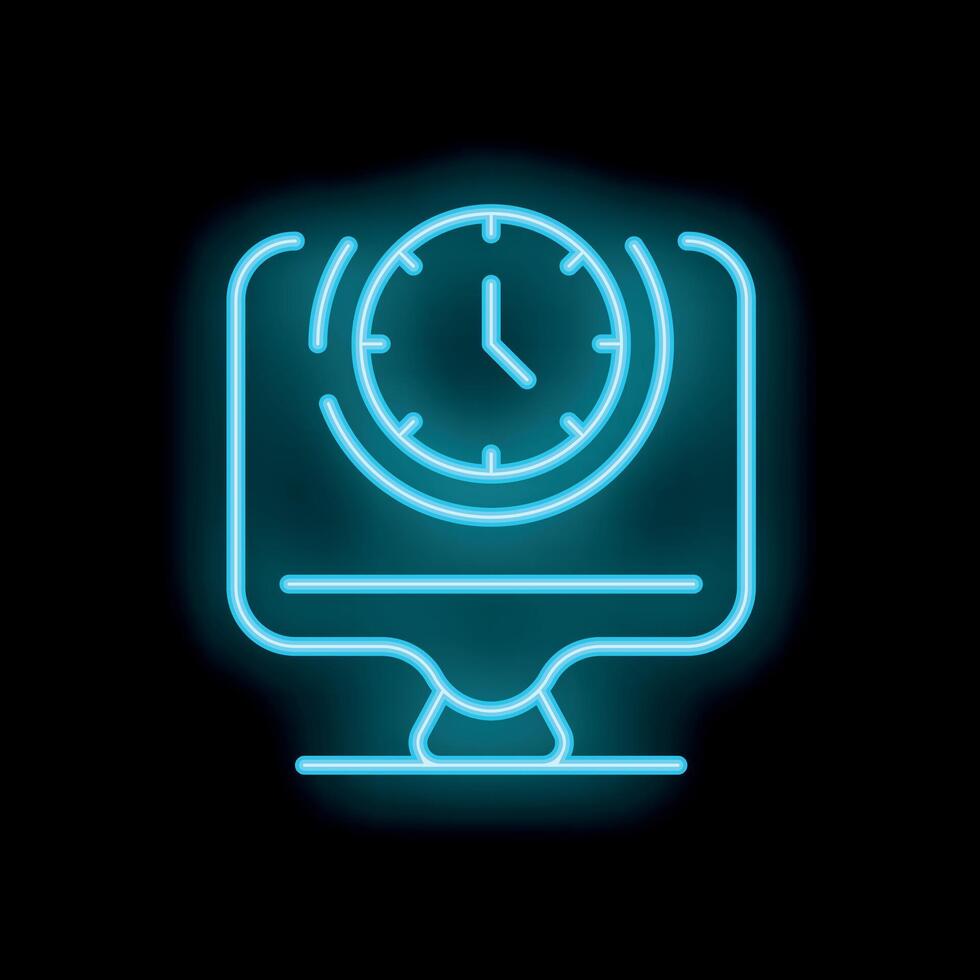 Neon computer icon displaying clock showing importance of time management vector