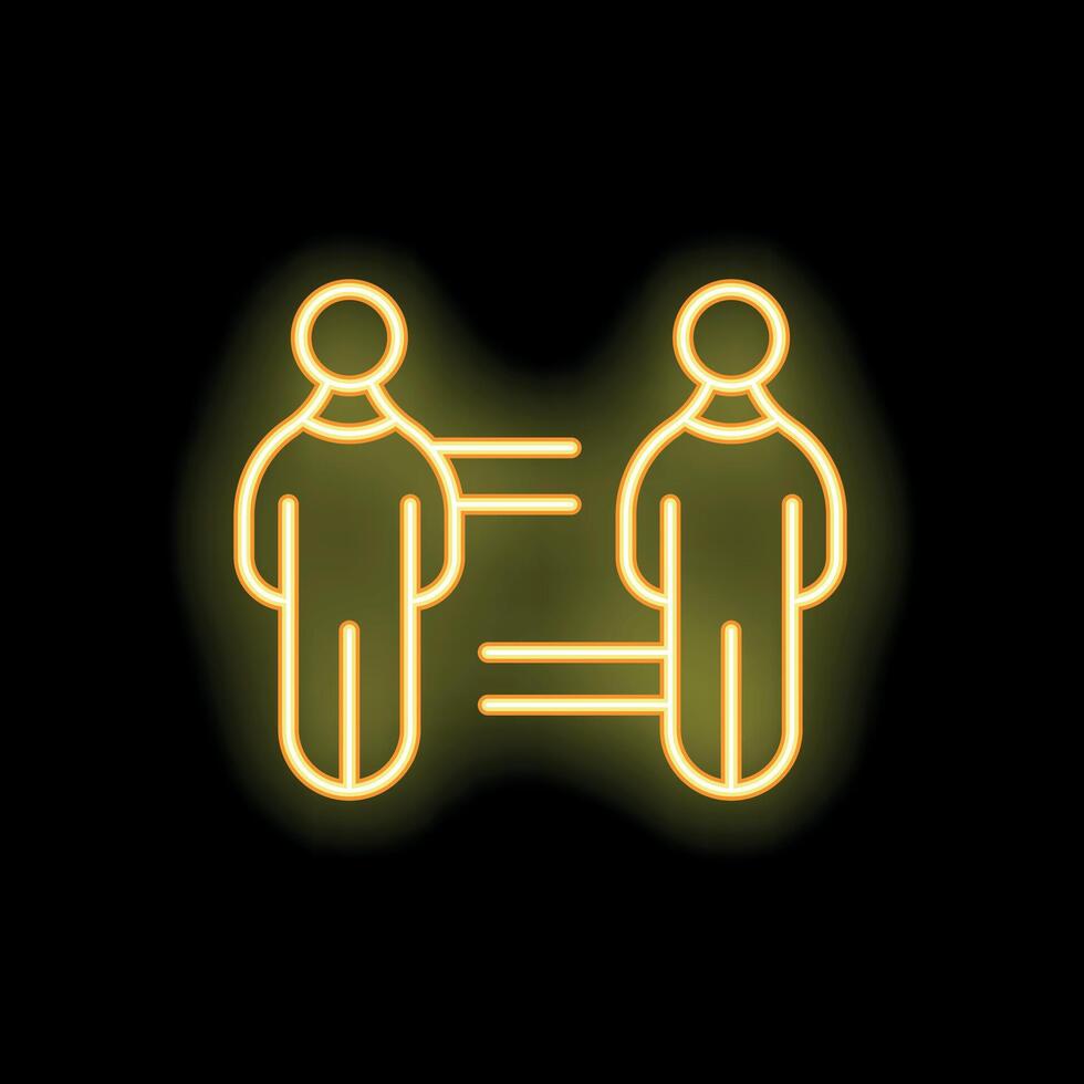 Neon yellow stick figures social distancing icon on black background vector