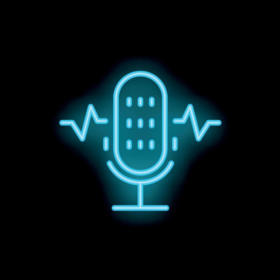 Blue neon microphone broadcasting audio waves icon vector