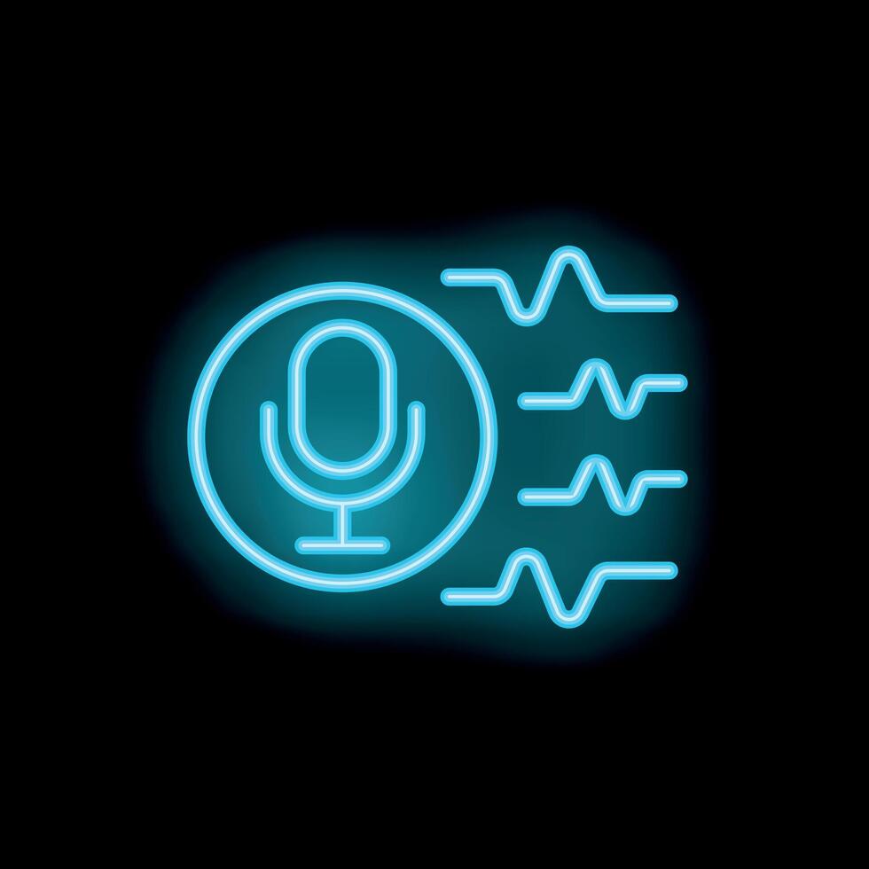 Neon microphone icon glowing with sound waves on black background vector