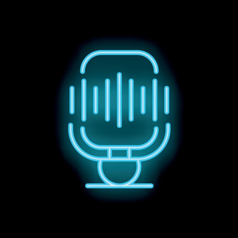 Blue neon microphone icon glowing on dark background vector