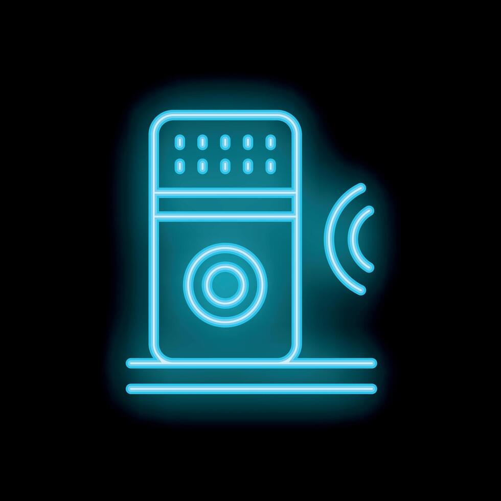 Neon icon of walkie talkie transmitting signal on black background vector