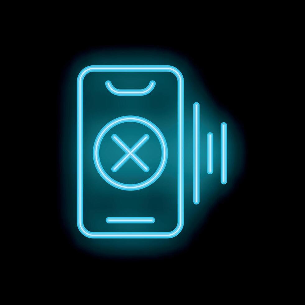 Neon smartphone showing error cross sign on screen with sound bars vector