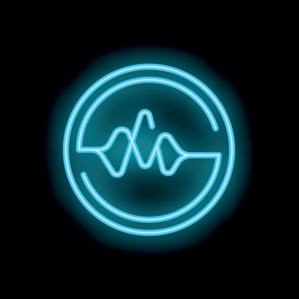 Neon blue circle glowing with sound wave icon on black background vector