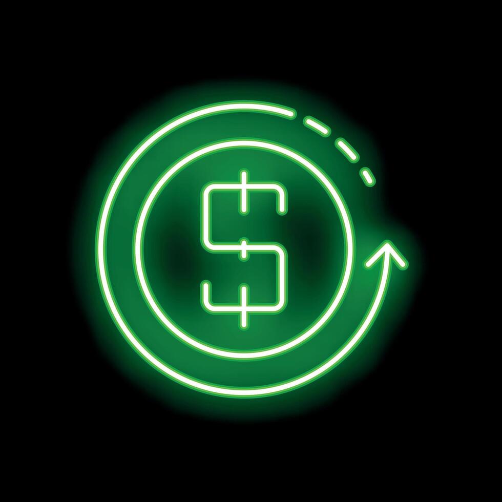 Green neon sign showing increasing dollar currency value on black background vector