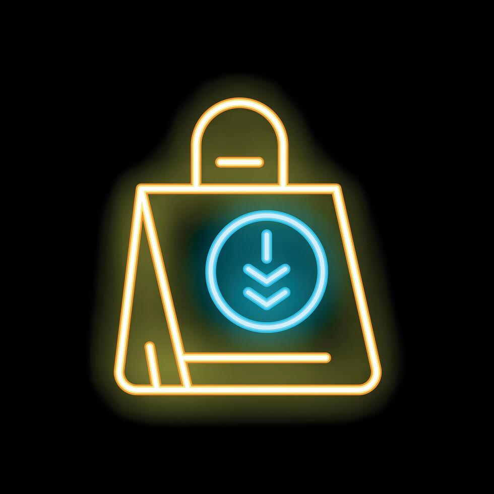 Neon download symbol inside a shopping bag on a black background vector