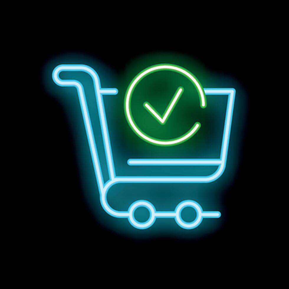 Neon shopping cart icon showing successful online order confirmation vector