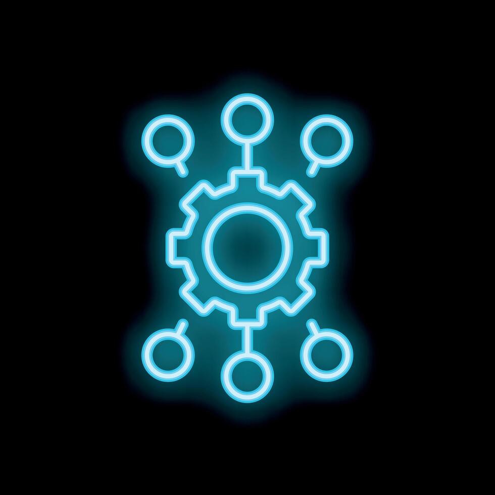 Neon blue decentralized system concept with cogwheel icon on black background vector