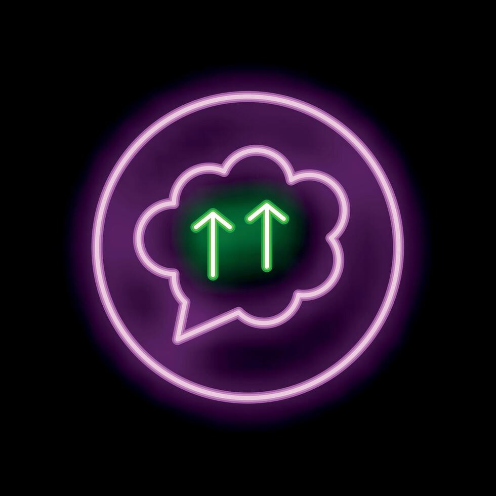Neon speech bubble with two up arrows on black background vector
