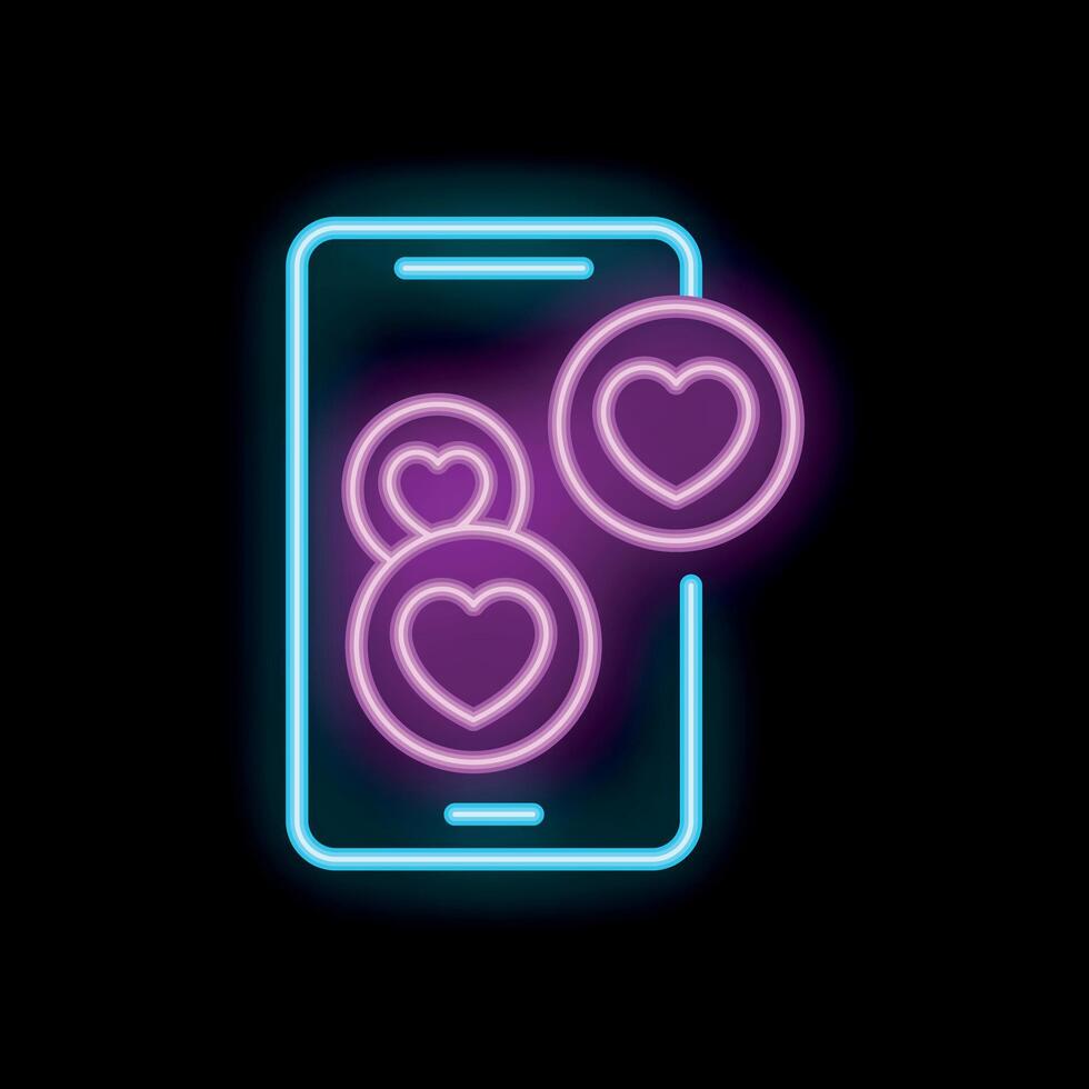 Smartphone showing increasing love hearts notification neon sign vector