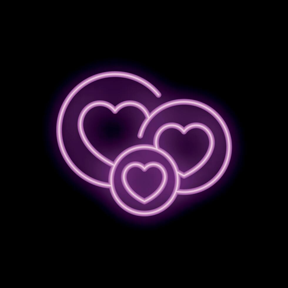 Bright pink neon sign showing three hearts for love and valentine's day vector