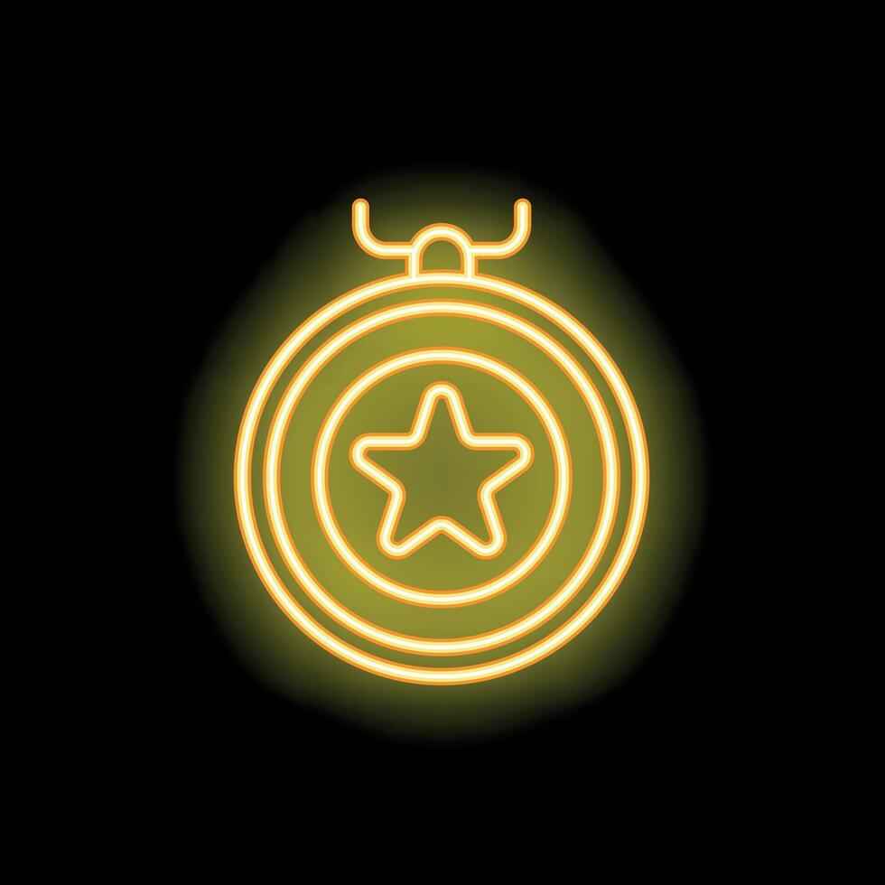 Neon sign of round award medal with star for winner on black background vector