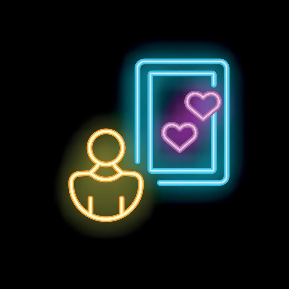 Neon icon of person holding playing card with hearts vector