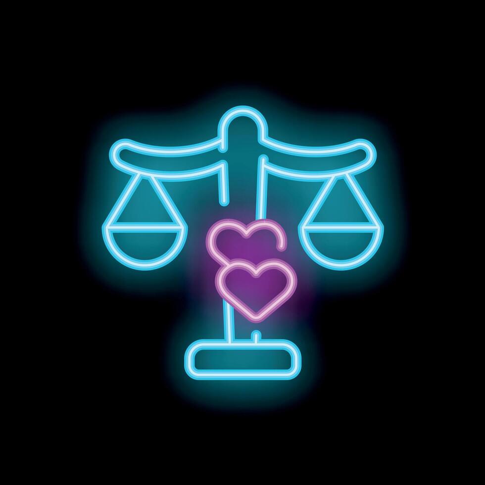 Neon love scale balancing hearts and justice symbol vector