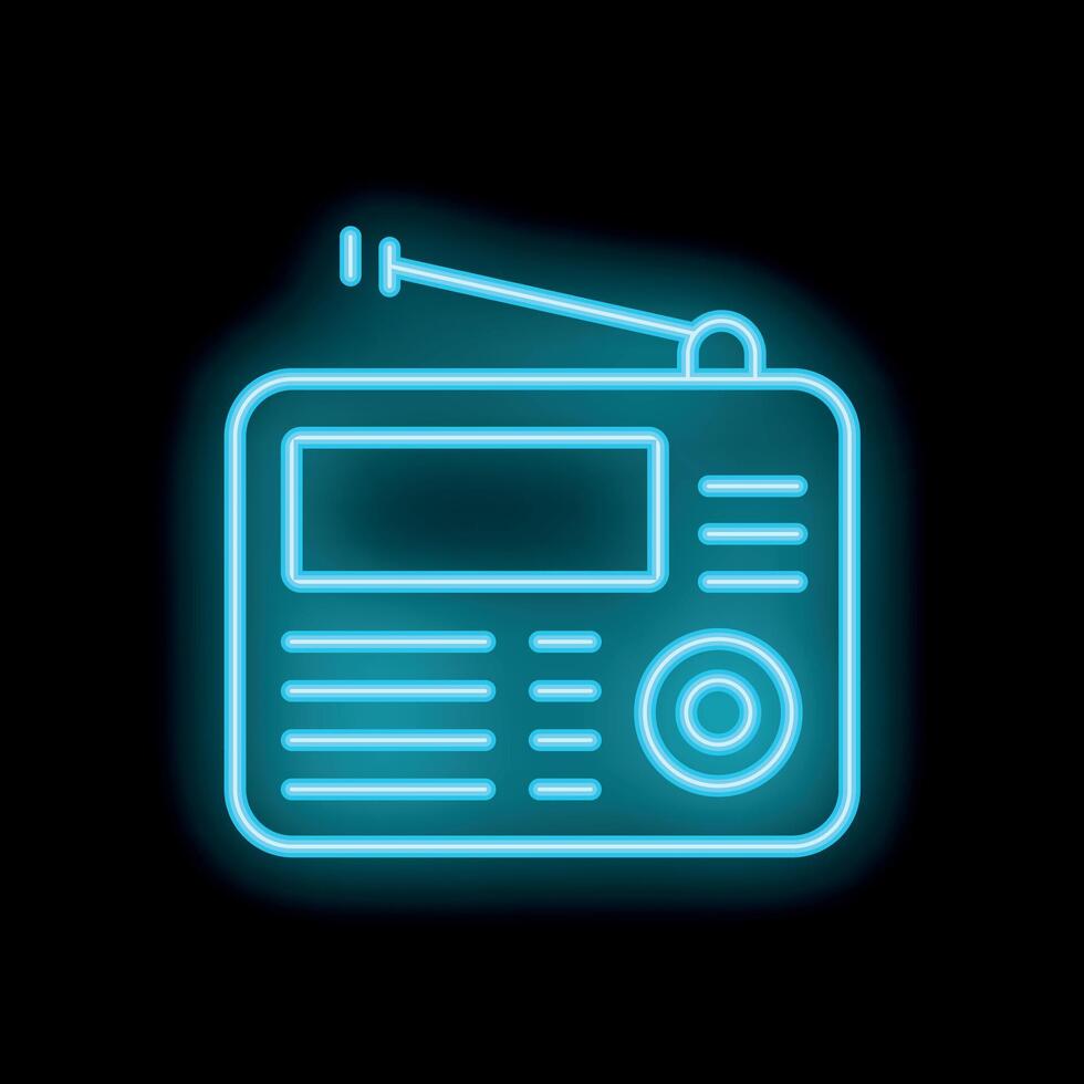 Blue neon sign representing a vintage radio receiver broadcasting on black background vector