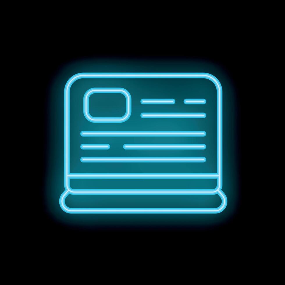 Neon blue laptop showing text document icon on black background vector