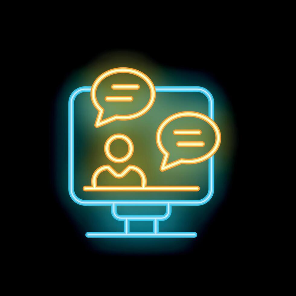 Neon icon of person conferencing and chatting on computer vector