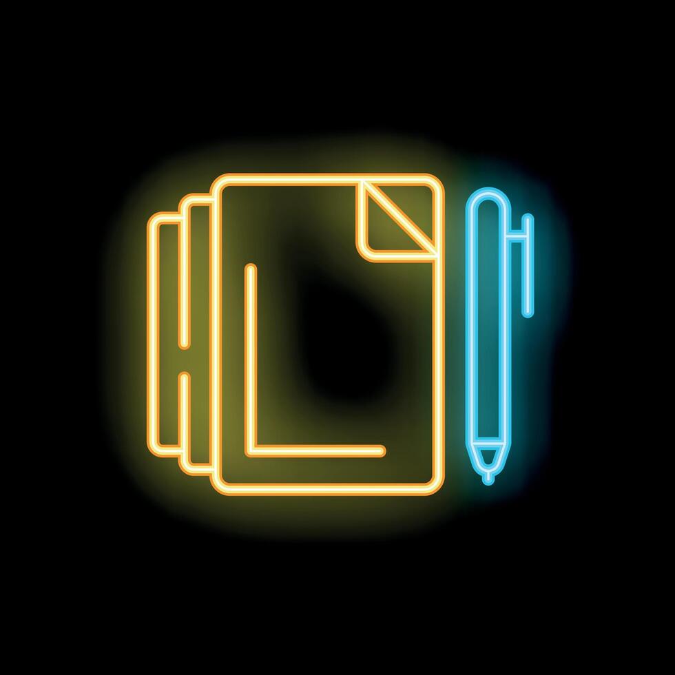 Neon icon of documents with folded corner and pen representing writing vector