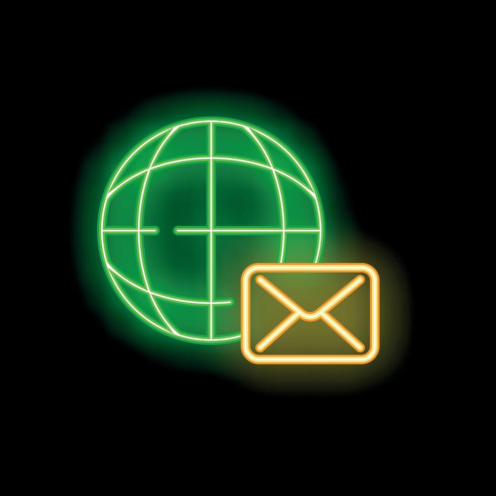 Neon icon of worldwide global email message sending on black background vector