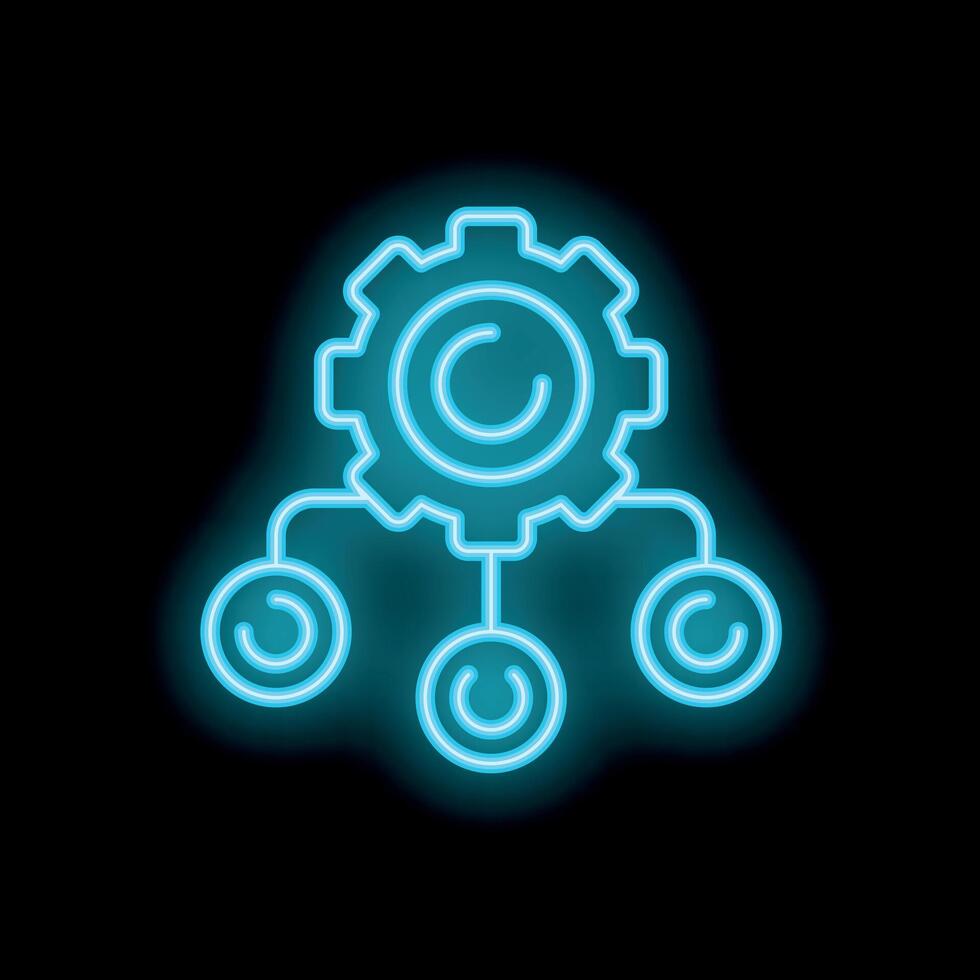 Neon blue gear connecting three circles on black background vector