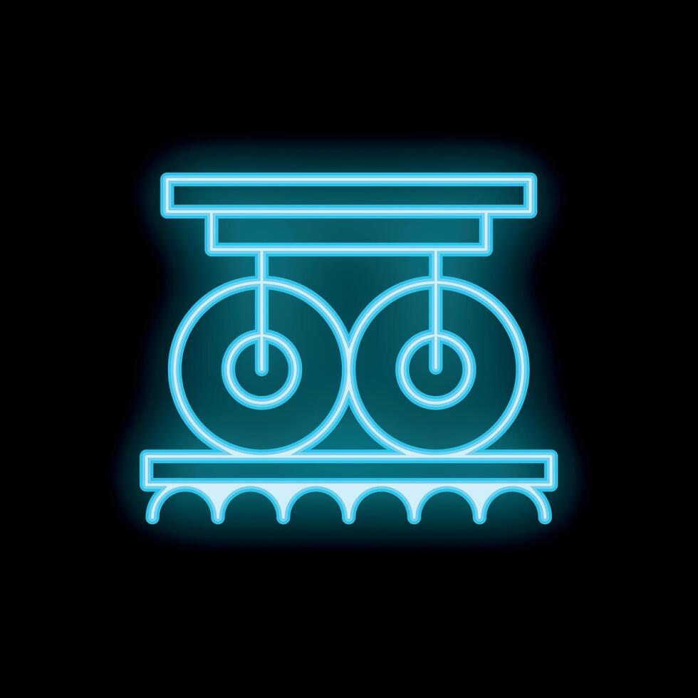 Neon icon of steel or paper rolls being moved by overhead crane in blue color on black background vector