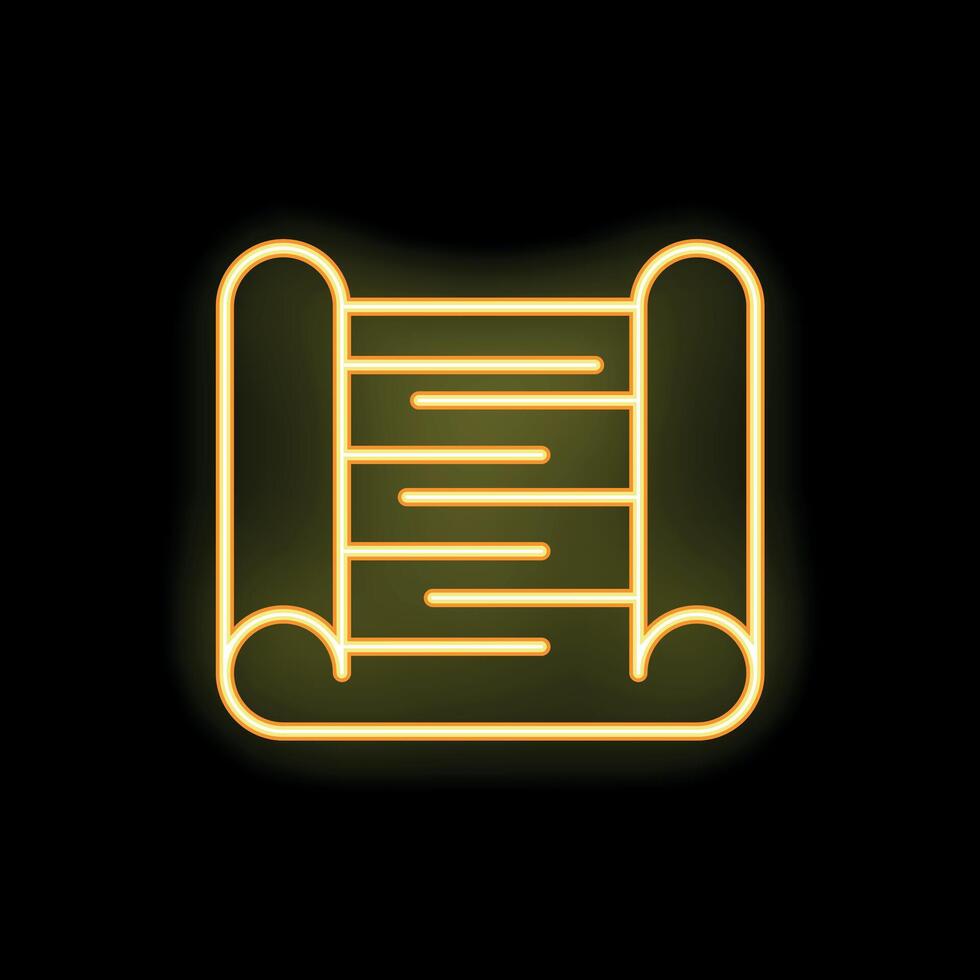 Neon paper scroll icon glowing on dark background vector