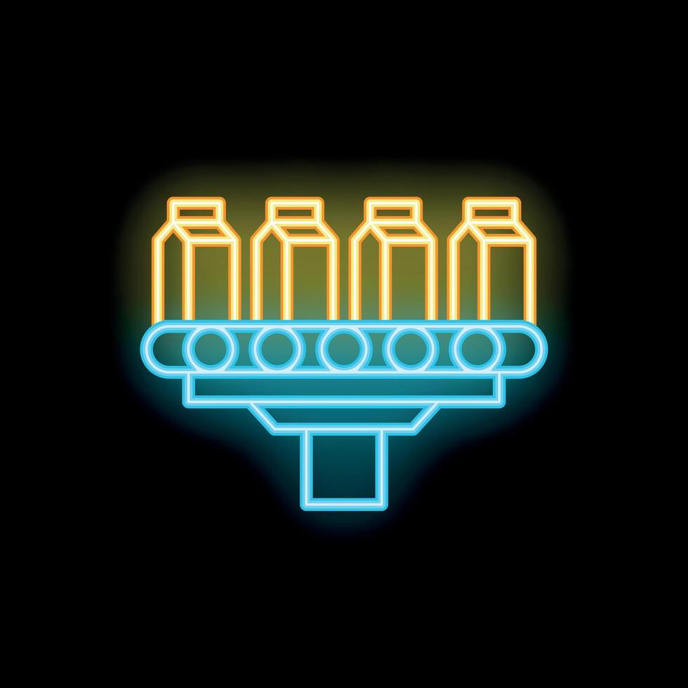 Neon sign representing conveyor belt carrying milk cartons vector