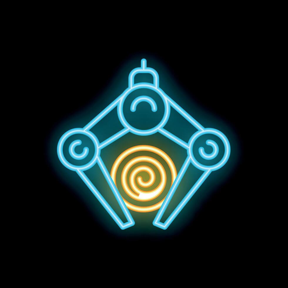 Neon industrial robotic arm holding object icon on black background vector